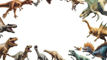 Fototapeta premium dinosaurs at edges in circle, blank white in the center of page, white background, copy and text spac,e 16:9