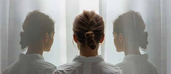 A teenage girl standing in front of a mirror creating a reflection with copy space image available