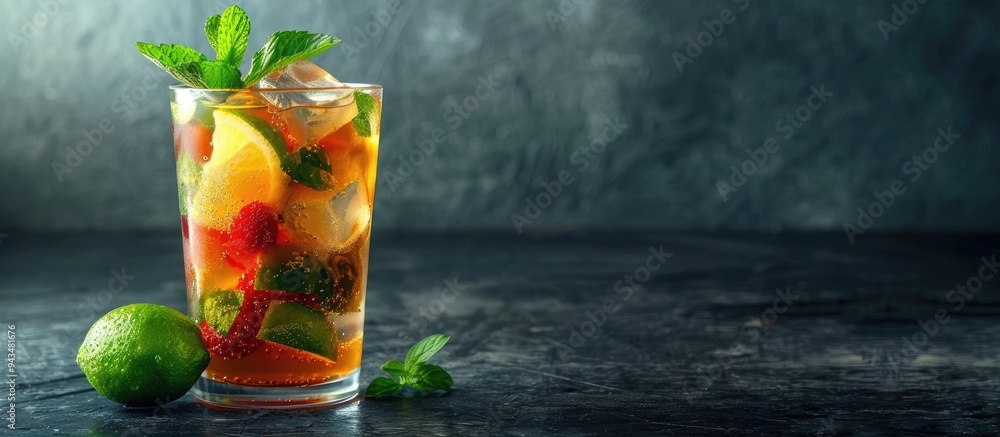 Poster pimms cocktail with lime ice vodka ginger beer and lemon juice showcased on a dark backdrop with ava