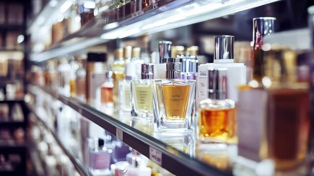 Store shelves displaying various luxury perfume bottles