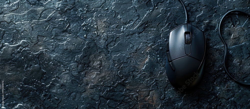 Aufkleber Top view image of a wired mouse on a black textured table featuring ample space for text often called copy space image