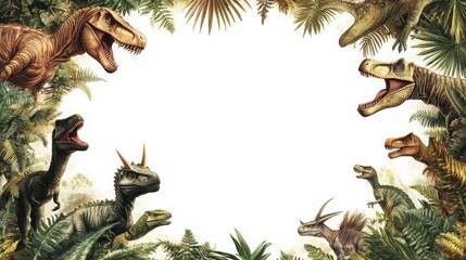 Fototapeta premium dinosaurs at edges in circle, blank white in the center of page, white background, copy and text spac,e 16:9