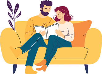 Married couple at home. A man and a woman are sitting on the sofa with a book. Hobbies and leisure, recreation. Comfort and coziness in an apartment or house. Happy couple spending time together. Line