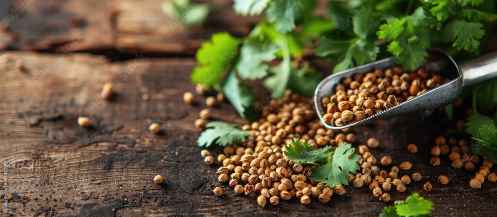 Aufkleber close up photograph of a scoop filled with dried coriander seeds and green leaves on a wooden surfac