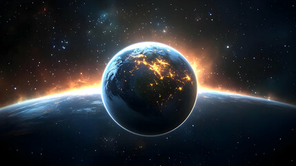 Obraz premium A blue planet with glowing lights and a starry night sky.