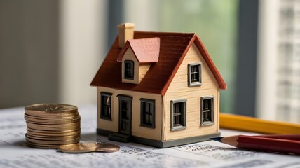 Tax day, House model, house placed on a white surface, next to a calculator, a pencil, and some coins, symbolizing home finances, budgeting, or real estate planning.