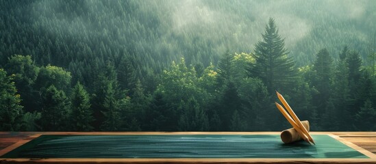 Symbolic white chalk on blackboard against forest background representing the Business and Break Time concept with a prominent copy space image