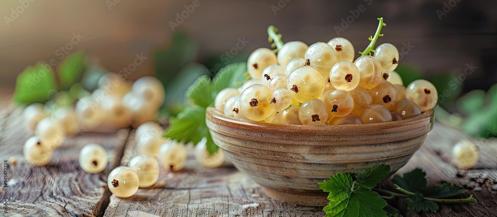 Aufkleber Close up view of a bowl with fresh white currant berries on a wooden table ideal for adding text in the empty area in the photo a copy space image