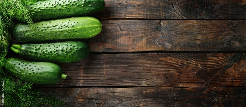 Aufkleber crisp cucumbers garnished with dill on a verdant wooden backdrop with copy space image
