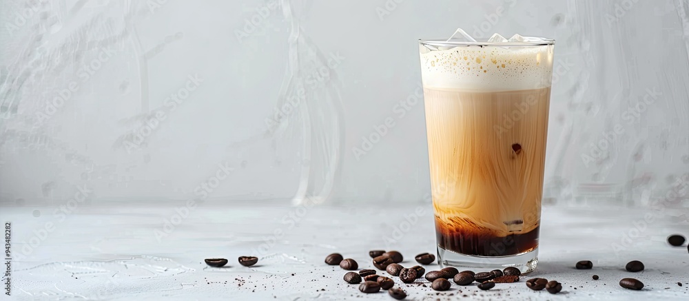Poster latte iced coffee presented on a white backdrop highlighting the concept of isolation with copy spac