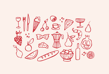 Mediterranean food hand drawn vector illustrations. La dolce vita sketch style