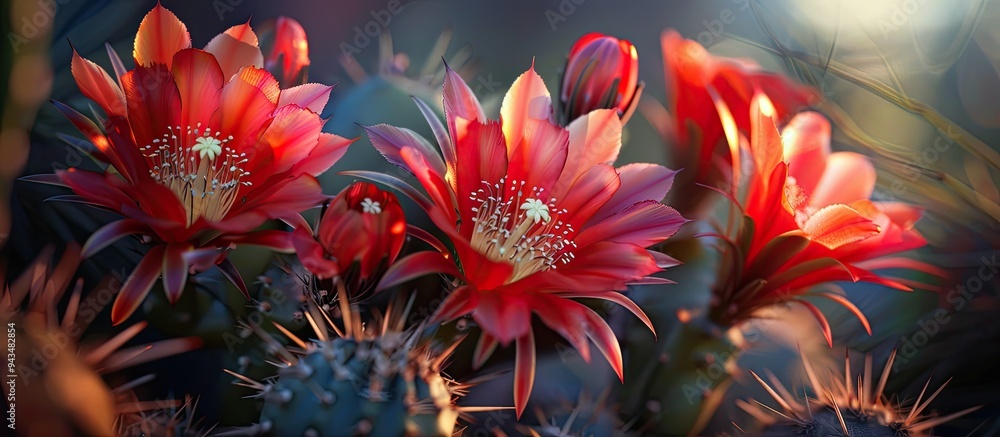 Poster Macro image of stunning cactus flowers for wallpaper with ample copy space image