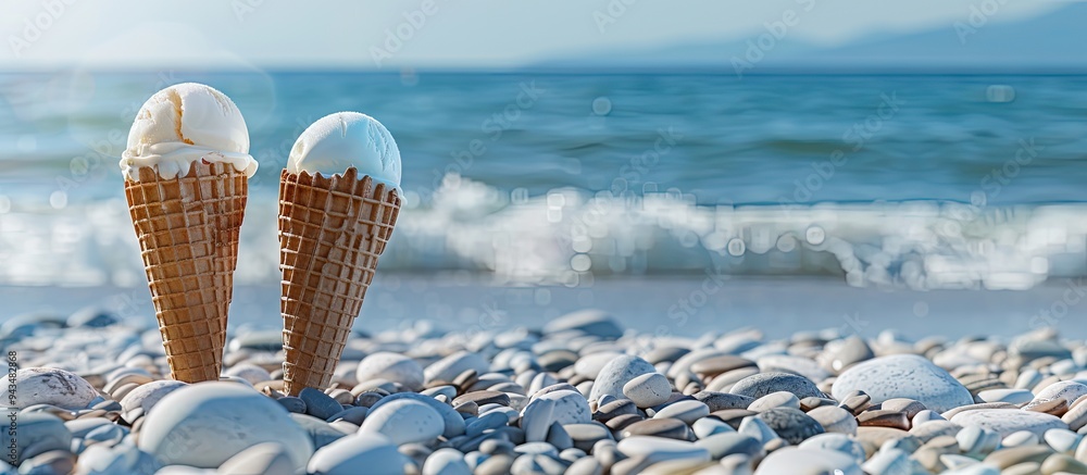 Poster a vanilla and a chocolate ice cream cone are displayed on a pebble beach with a blue sea in the back