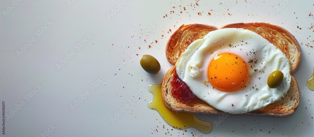 Aufkleber An enticing image of a fried egg on toast with a variety of spreads including olives and jam set against a plain background with ample space for text