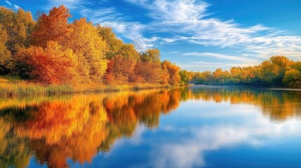Fototapeta premium A calm river reflecting the warm colors of autumn trees and the cool blue sky.