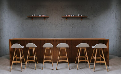 "A cozy, vintage-style cafe with a wooden counter and minimalist decor. The warm interior features modern furniture, coffee cups on a rustic table, and a serene atmosphere, perfect for a relaxed lifes
