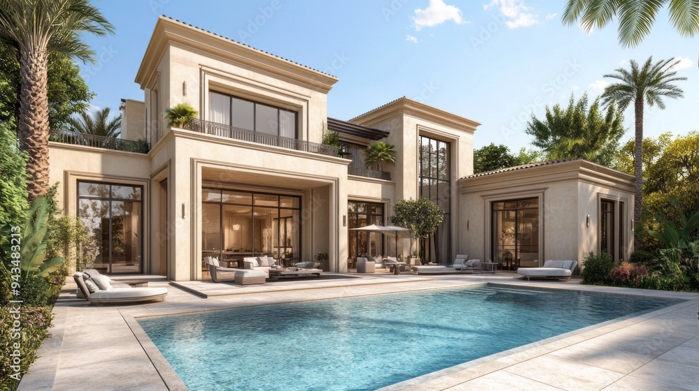 Poster a large house with a pool and a patio