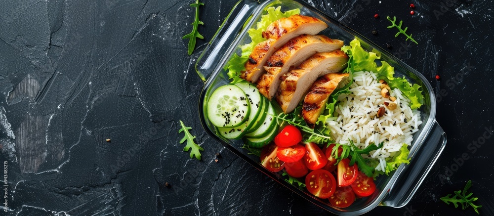 Poster fresh salad chicken and rice in a glass container on a black table from a top view perspective with 