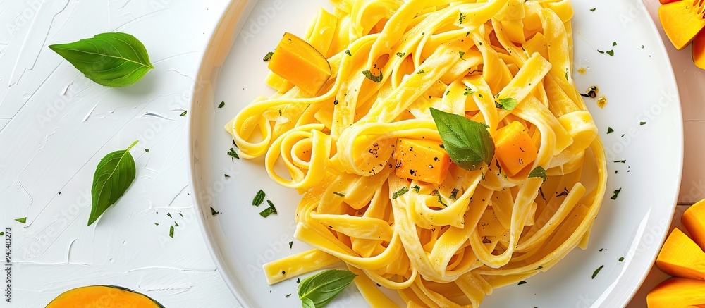 Poster a plate with pumpkin alfredo fettuccine pasta sits on a white background alongside slices of raw but