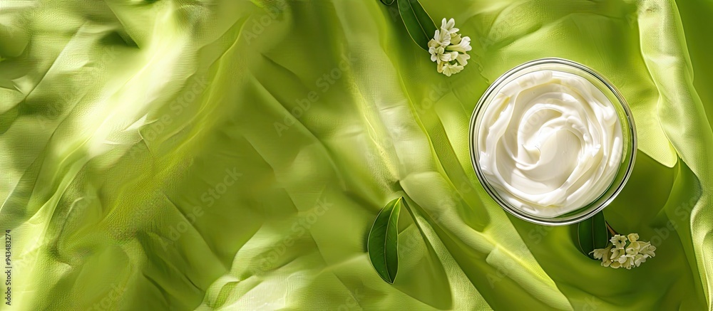 Poster Top view of face cream and gel on a green backdrop with space for text in the image. Creative banner. Copyspace image