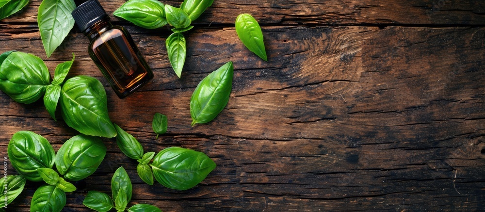 Poster fresh basil leaves and essential oil displayed on a wooden background for aromatherapy and herbal me