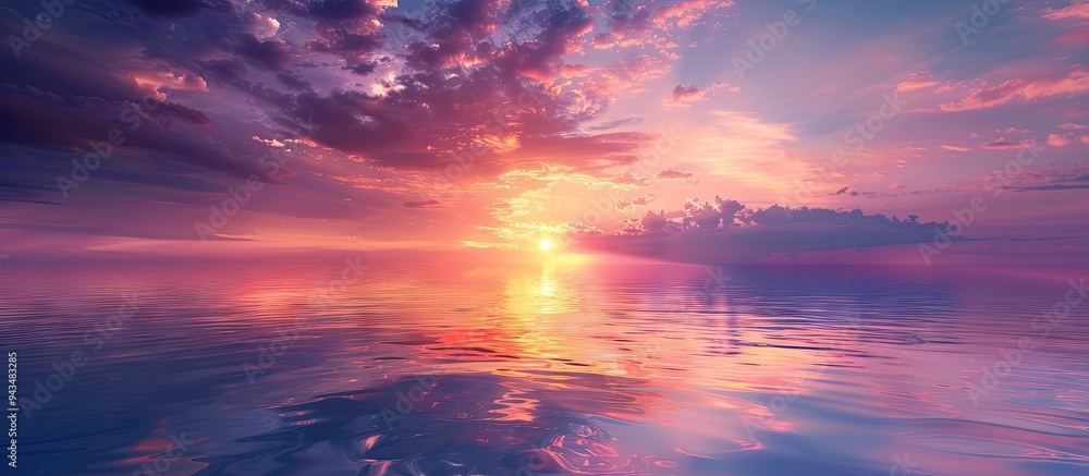 Aufkleber tranquil sunset scene with sunbeam on a colorful romantic dusk sky creating a beautiful idyllic natu