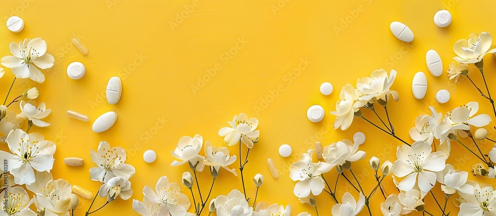Aufkleber white tablets with floral design displayed on a bright yellow backdrop suitable for showcasing natur