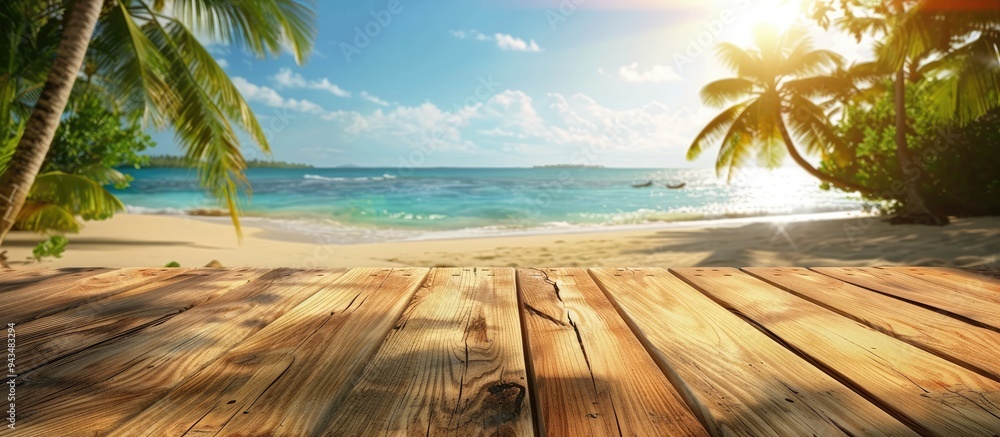 Poster Ideal for showcasing summer products a wooden table with a blurred tropical beach backdrop featuring palm trees creating a fitting copy space image