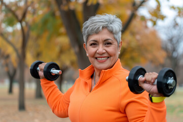 A cheerful woman in her 50s exercising outdoors, lifting dumbbells with both hands. She is wearing a bright orange jacket, showcasing her energy and commitment to staying fit and healthy
