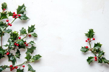 Christmas holly branches bordering white background with copy space