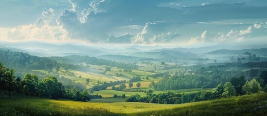 Scenic farmland with a picturesque backdrop featuring a vast expanse of beauty with copy space image