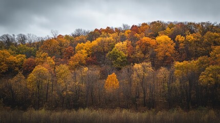 Fototapeta premium A hillside covered in autumn trees, with the sky peeking through the branches.