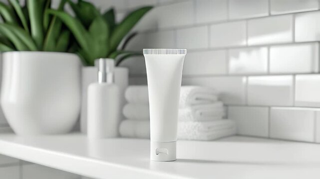 White cosmetic tubes in a modern white bathroom
