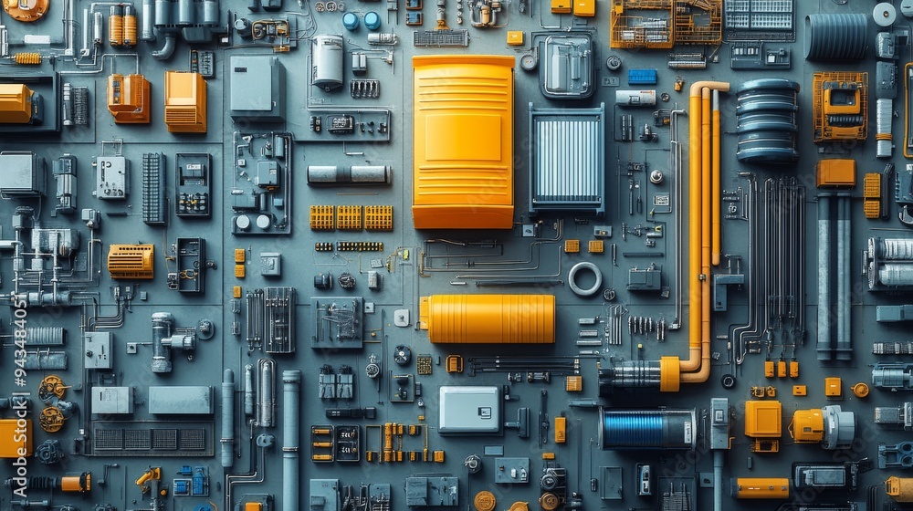 Poster a visual representation of a product lifecycle showcasing various industrial components and systems.