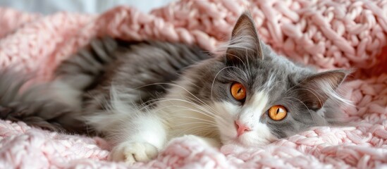 A cat with gray and white fur and striking orange eyes is strolling gracefully across a soft pink blanket in a charming scene with copy space image