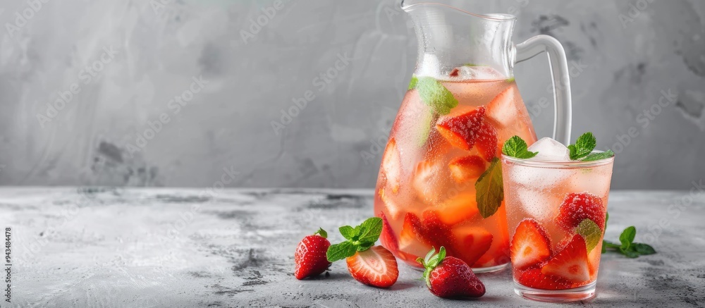 Poster Fresh strawberry lemonade with mint in a pitcher and glass on a grey background in close up view with room for text in the image. Creative banner. Copyspace image