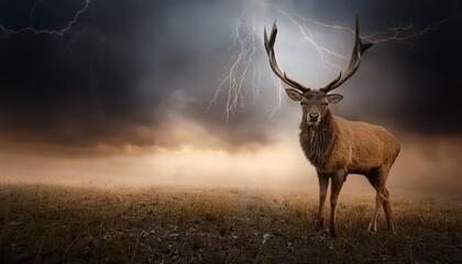 Obraz premium surreal deer with a doom sky and dark energy generative ai