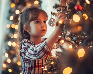Merry Christmas Delight: Little Caucasian Girl Hanging Festive Decorations