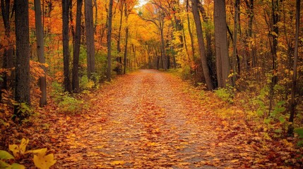Obraz premium A pathway through the woods, covered in autumn leaves, with the sky peeking through the trees.