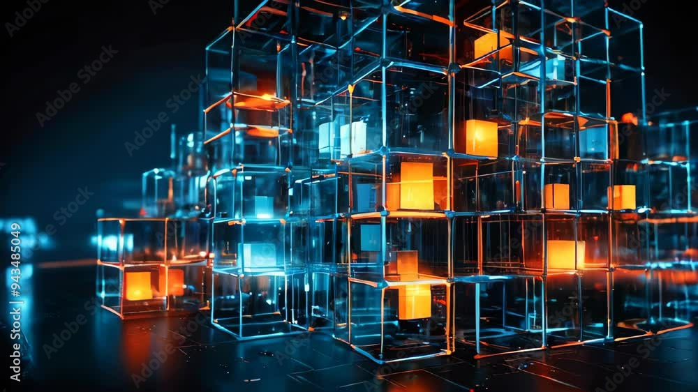 Poster interconnected transparent cubes in an abstract technology composition