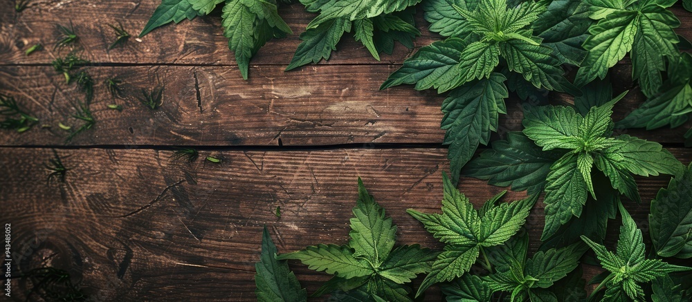 Poster organic nettle on a wooden table with copy space image