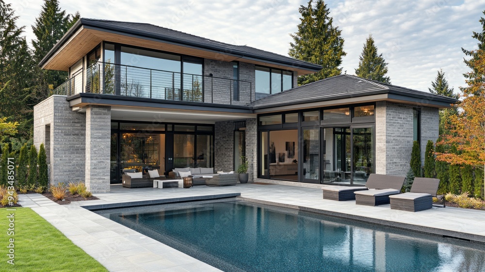 Poster a large house with a pool and a patio