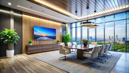 Modern minimalist office aesthetic large TV screen wall mounting technology innovation concept upscale corporate lobby design cool calm serene focus attention grabber statement piece center attraction