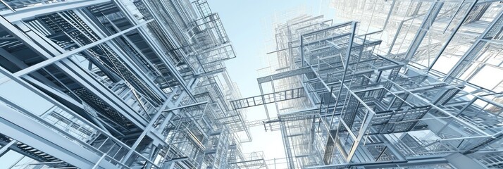 Metallic Blue Construction Scaffolding Against Sky Background. 3D Composite Image