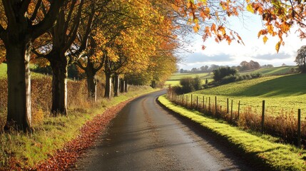 Naklejka premium A quiet country lane lined with autumn trees, leading towards the horizon under the sky.