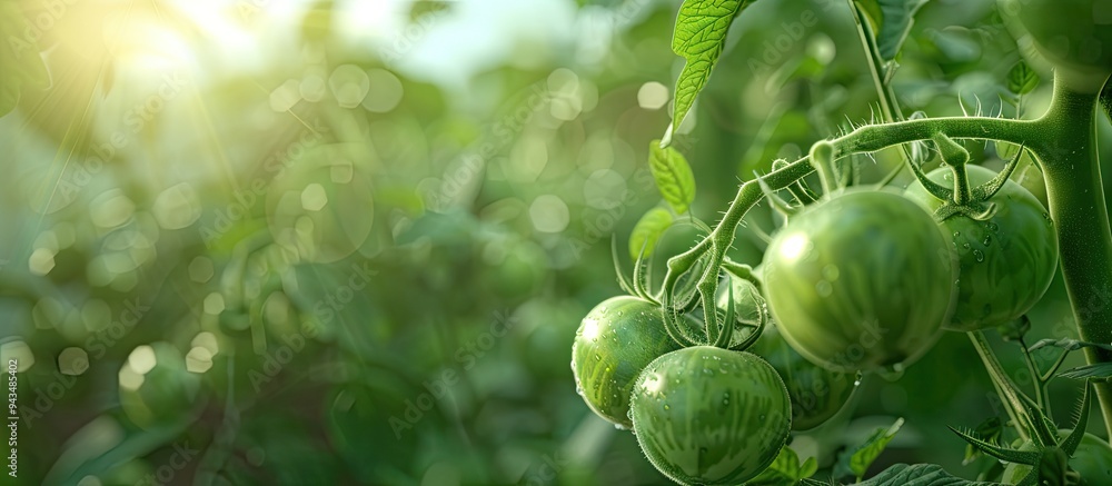 Sticker in a greenhouse garden a young tomato plant with green unripe tomatoes grows creating a picturesque 