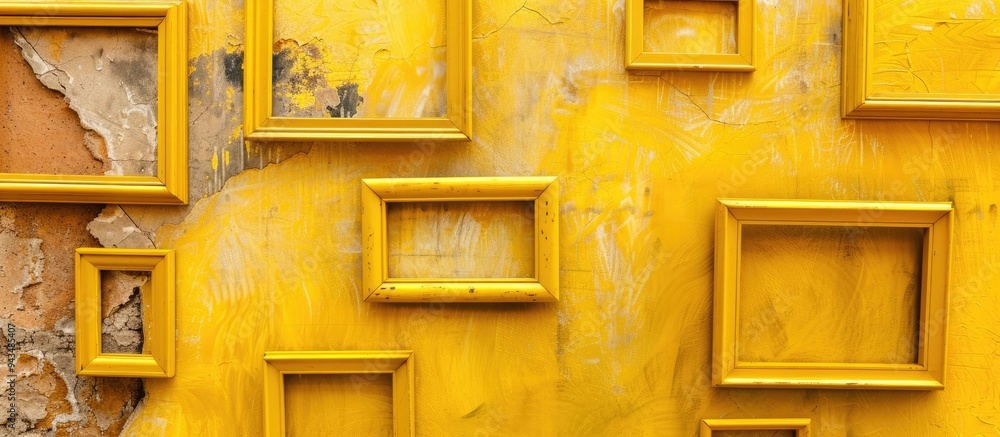 Poster artistic frames hang against a vibrant yellow wall ready for use as a copy space image