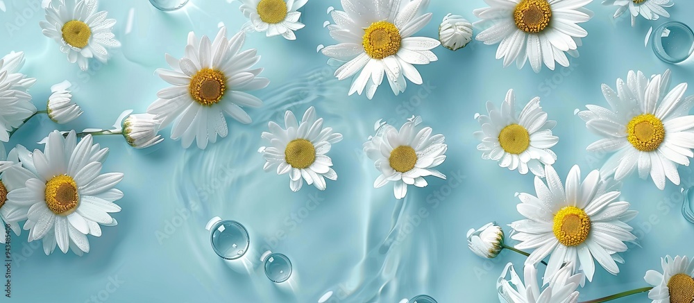 Aufkleber Top view of daisy flowers in water on a light blue backdrop with room for text in the image. Creative banner. Copyspace image