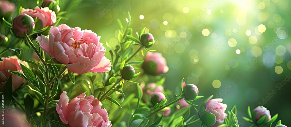 Aufkleber a blooming garden with pink peonies and buds in a close up copy space image against a vibrant green 