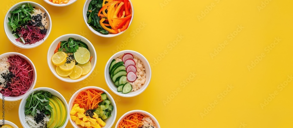 Poster A bird s eye view of colorful poke bowls arranged on a yellow background with empty space for text or graphics ideal for showcasing a copy space image